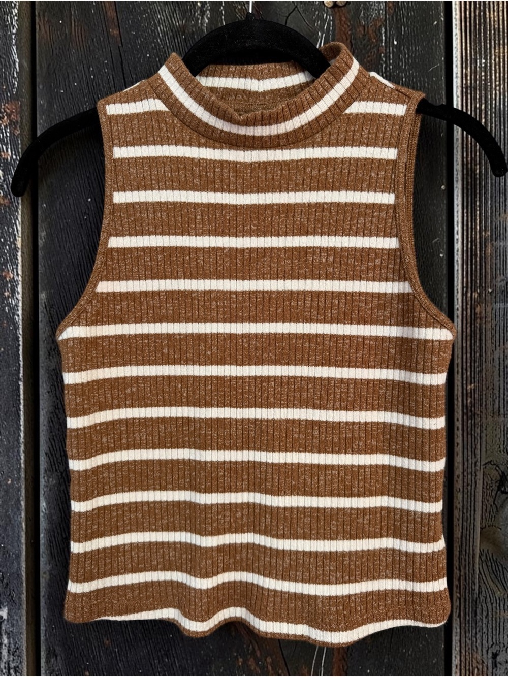 Old Navy Ribbed Knit Mock Neck Tank Small Brown Striped Sleeveless Top